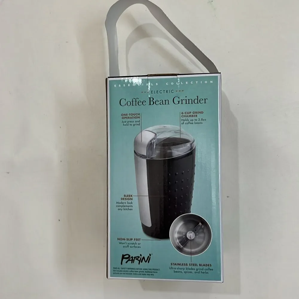 Parini Electric Coffee Bean Grinder One Touch Black Stainless Steel Blades New